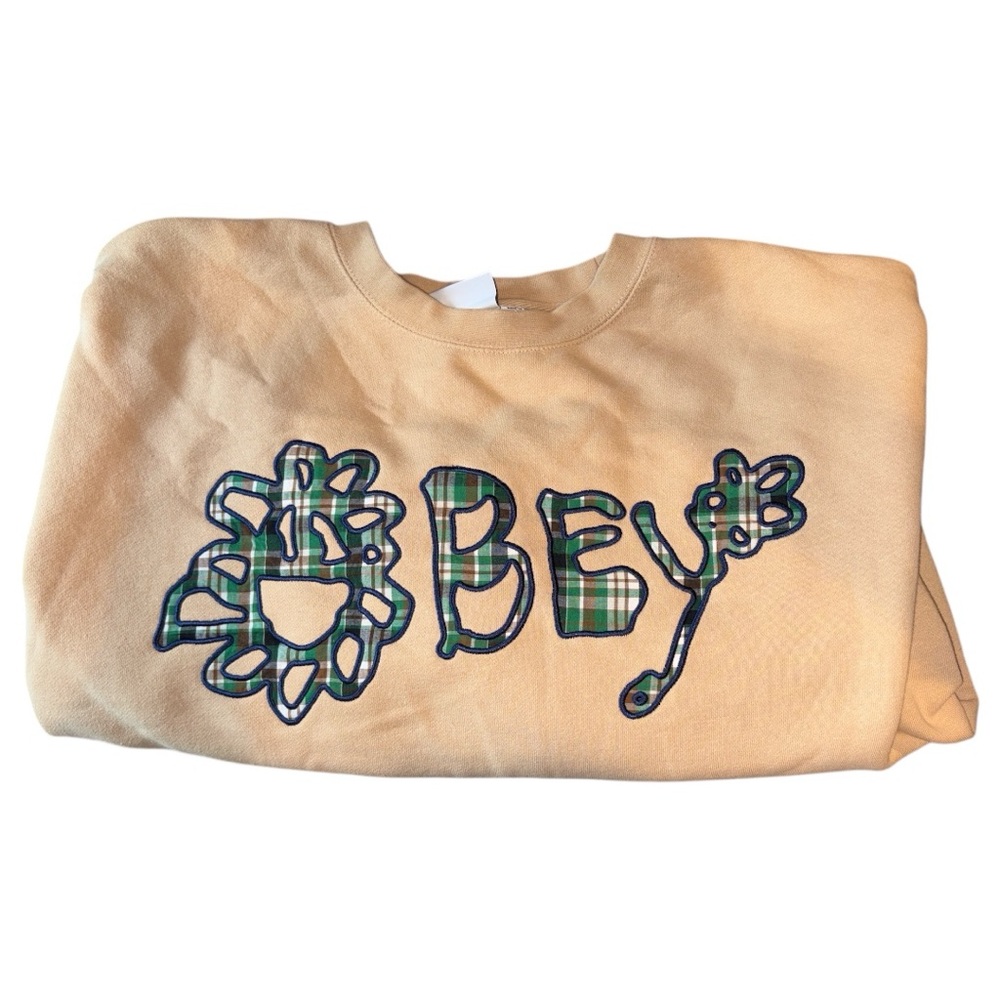 Obey Beige Sweatshirt with Green Plaid Logo